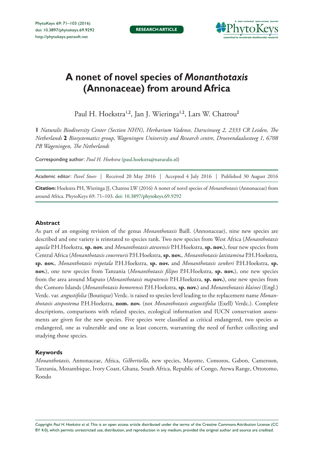 A Nonet of Novel Species of Monanthotaxis (Annonaceae) from Around Africa