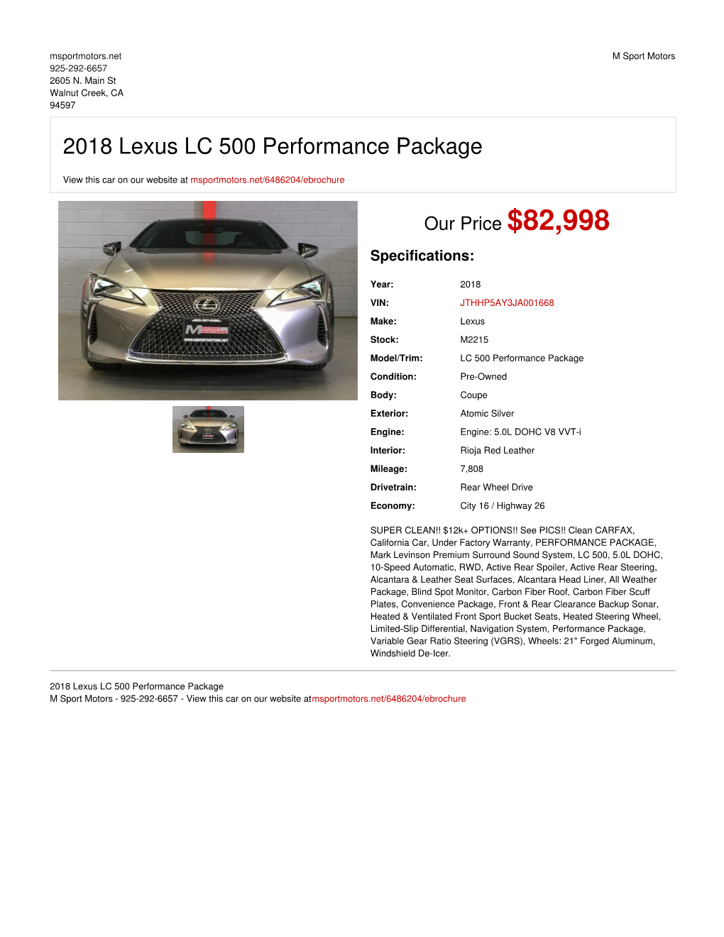 2018 Lexus LC 500 Performance Package