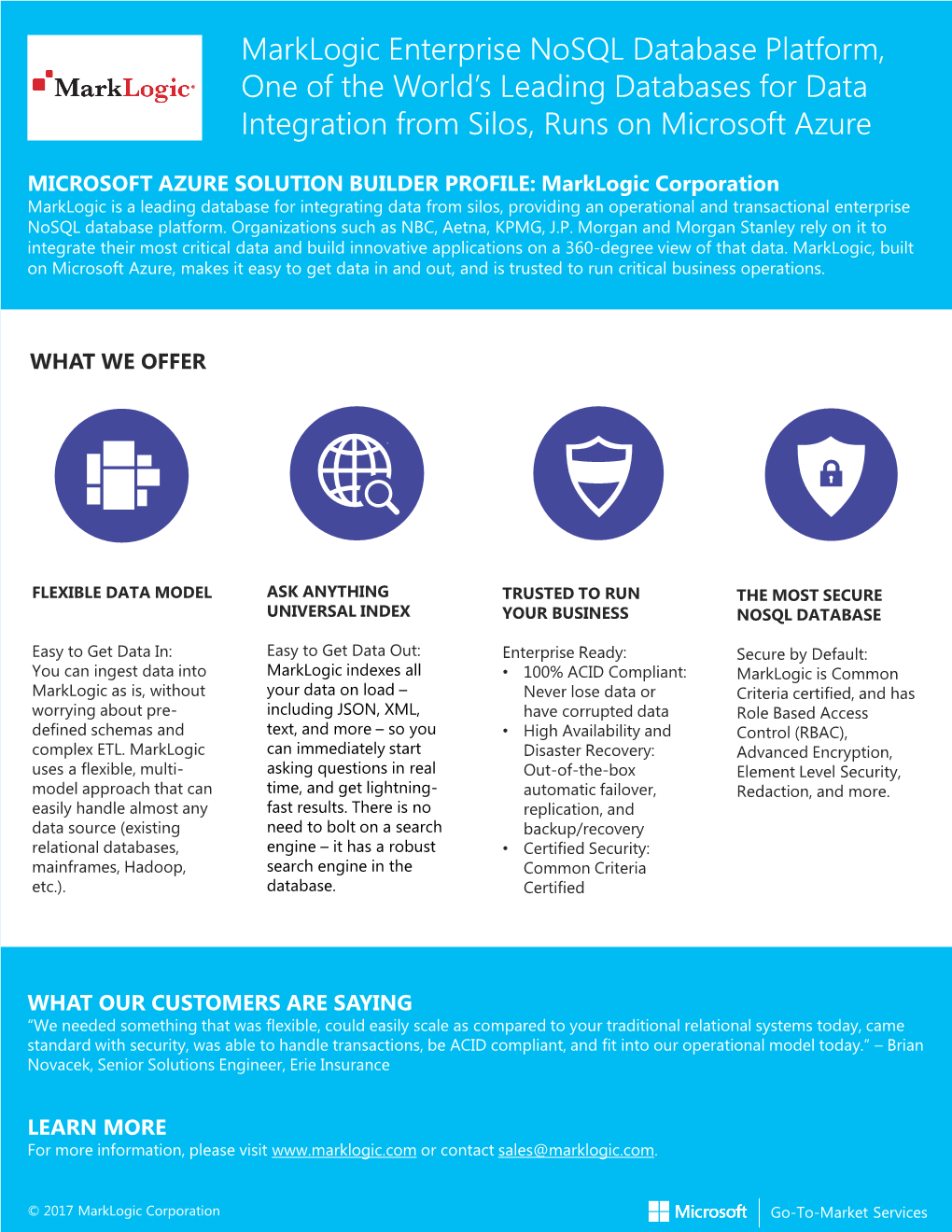 Marklogic Enterprise Nosql Database Platform, One of the World’S Leading Databases for Data Integration from Silos, Runs on Microsoft Azure