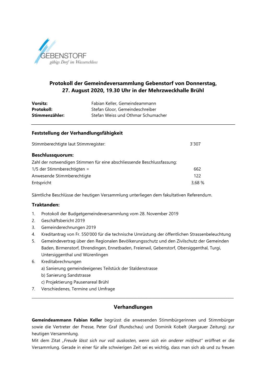 Protokoll Der Gemeindeversammlung Gebenstorf Von Donnerstag, 27