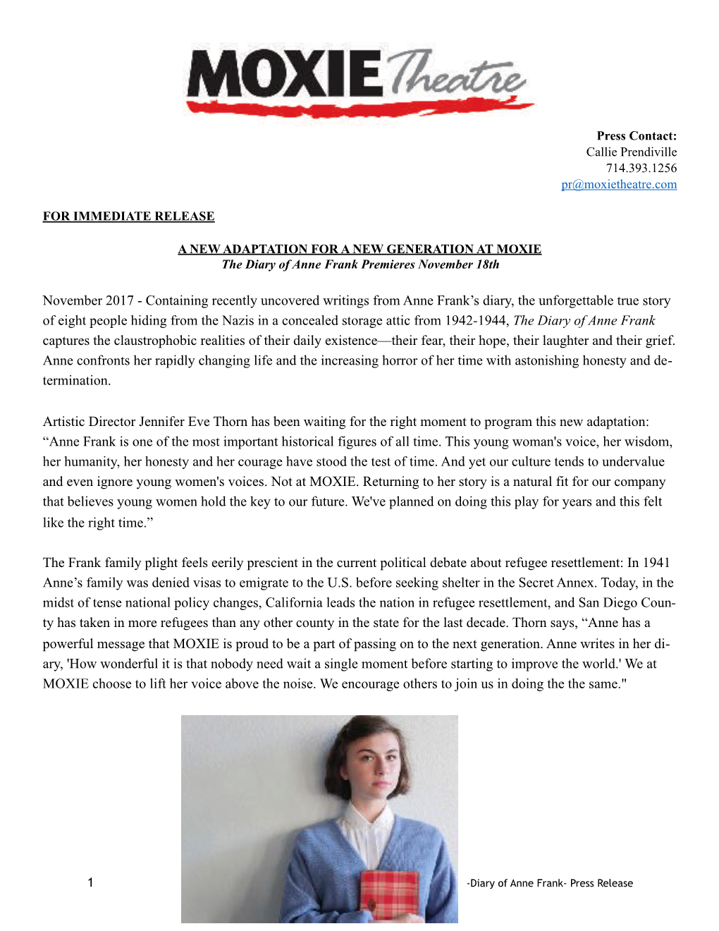 MOXIE Press Release the DIARY of ANNE FRANK