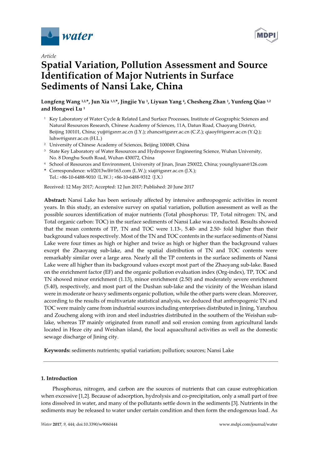 Spatial Variation, Pollution Assessment and Source Identification of Major Nutrients in Surface Sediments of Nansi Lake, China