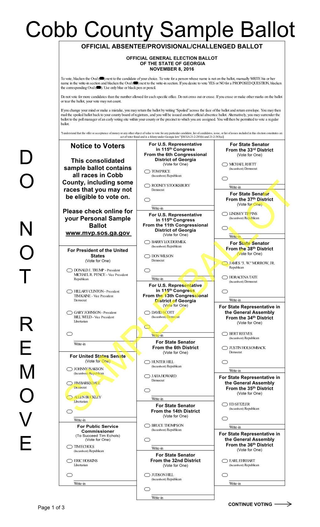 Cobb County Sample Ballot OFFICIAL ABSENTEE/PROVISIONAL/CHALLENGED BALLOT