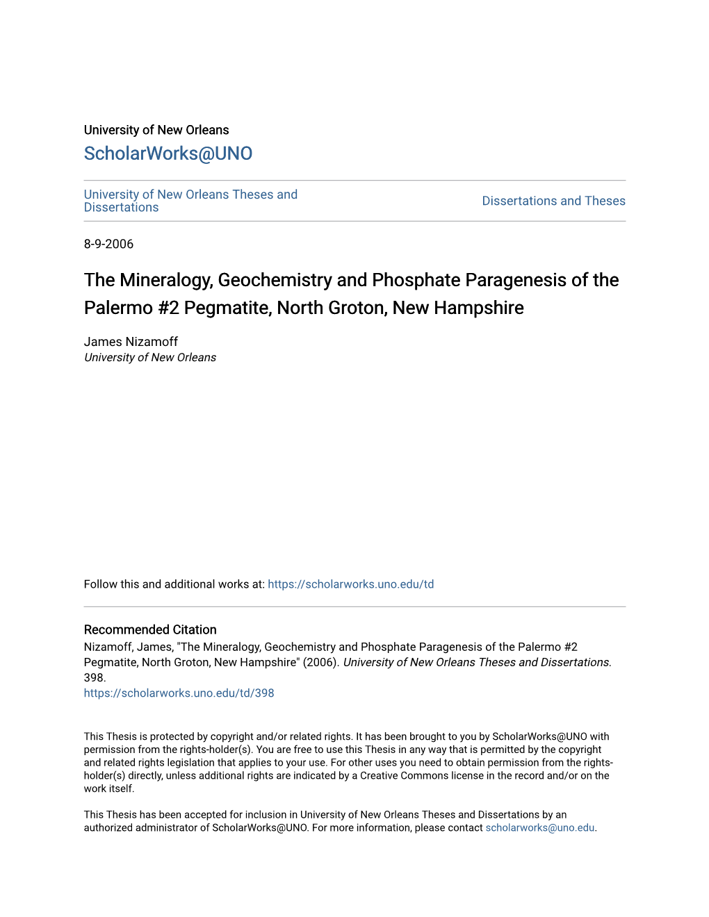 The Mineralogy, Geochemistry and Phosphate Paragenesis of the Palermo #2 Pegmatite, North Groton, New Hampshire