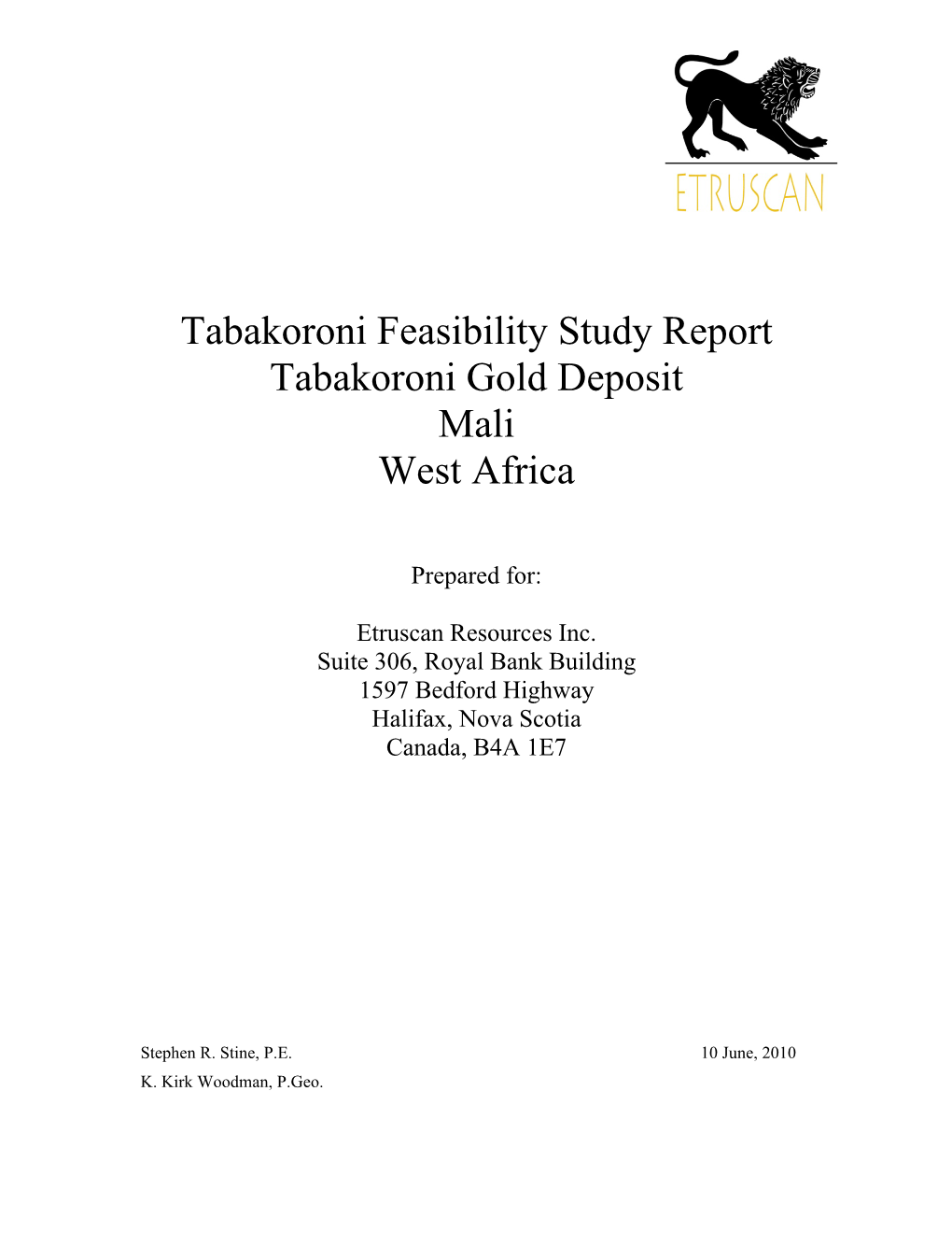 Tabakoroni Feasibility Study Report Tabakoroni Gold Deposit Mali West Africa