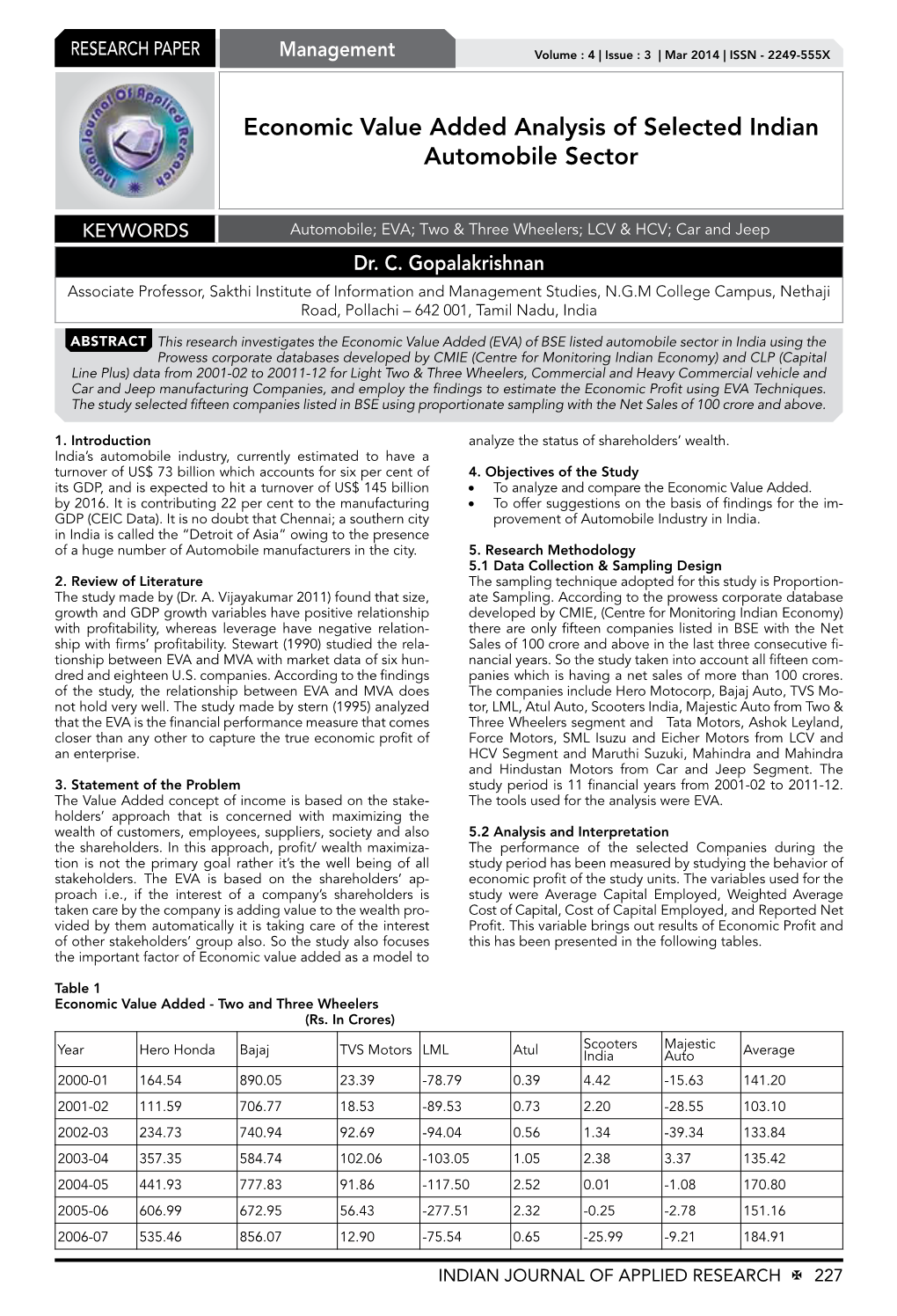 Economic Value Added Analysis of Selected Indian Automobile Sector