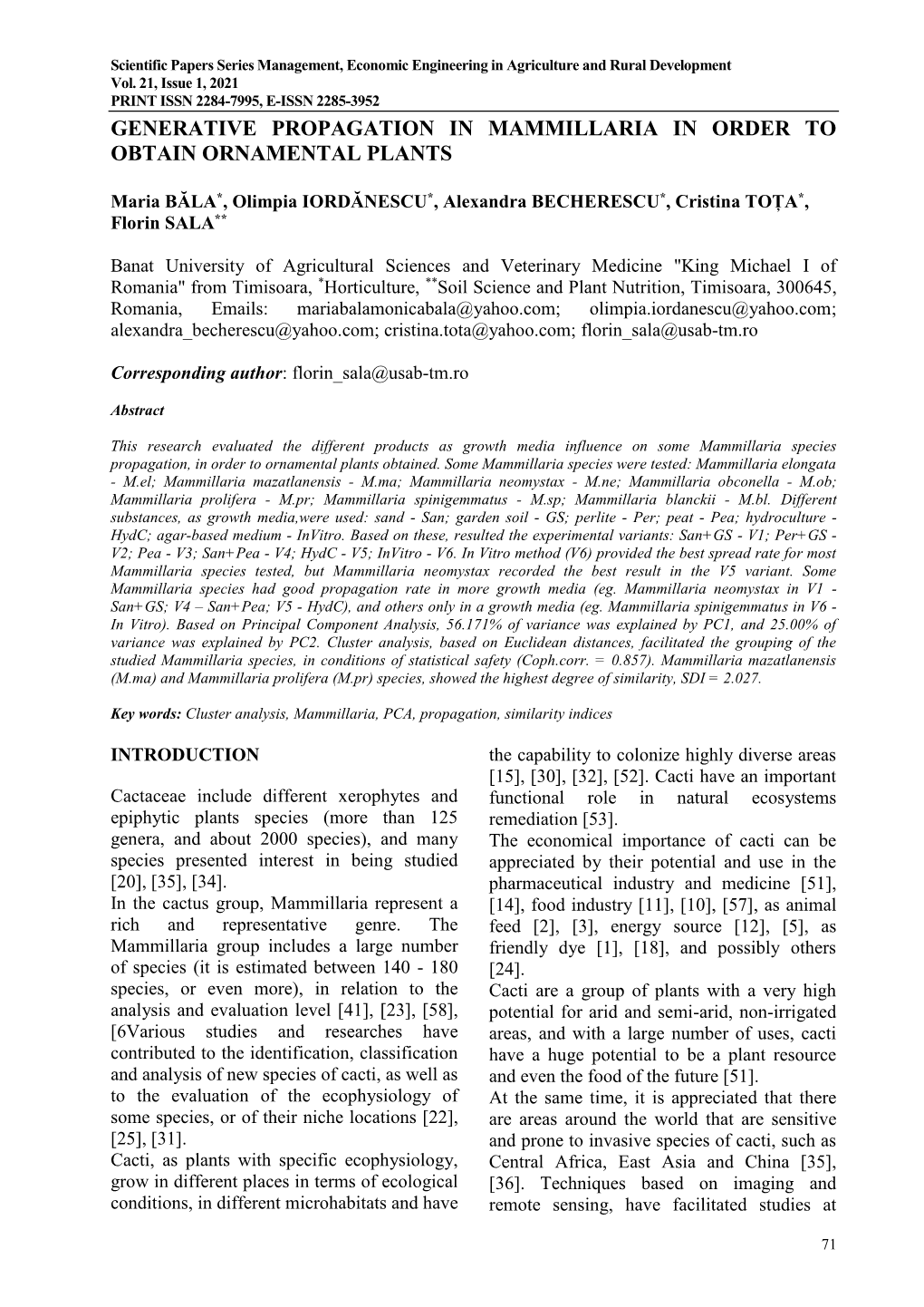 Generative Propagation in Mammillaria in Order to Obtain Ornamental Plants