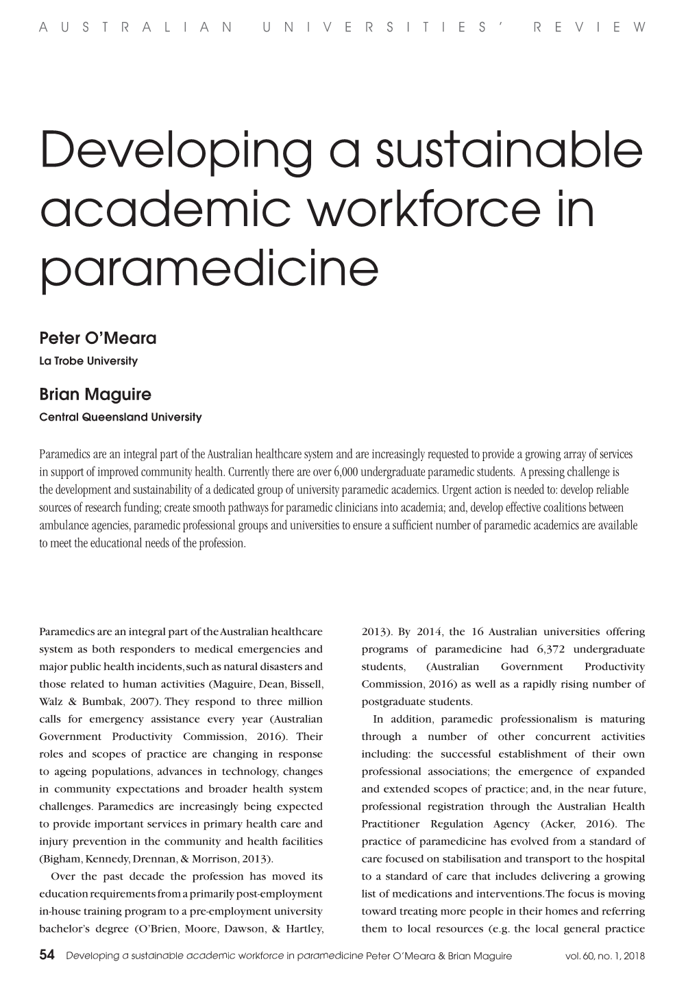 Developing a Sustainable Academic Workforce in Paramedicine