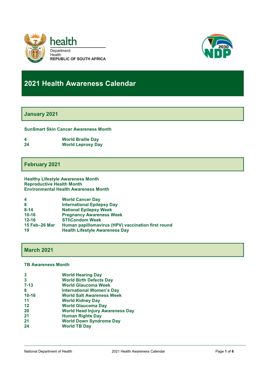 2021 Health Awareness Calendar