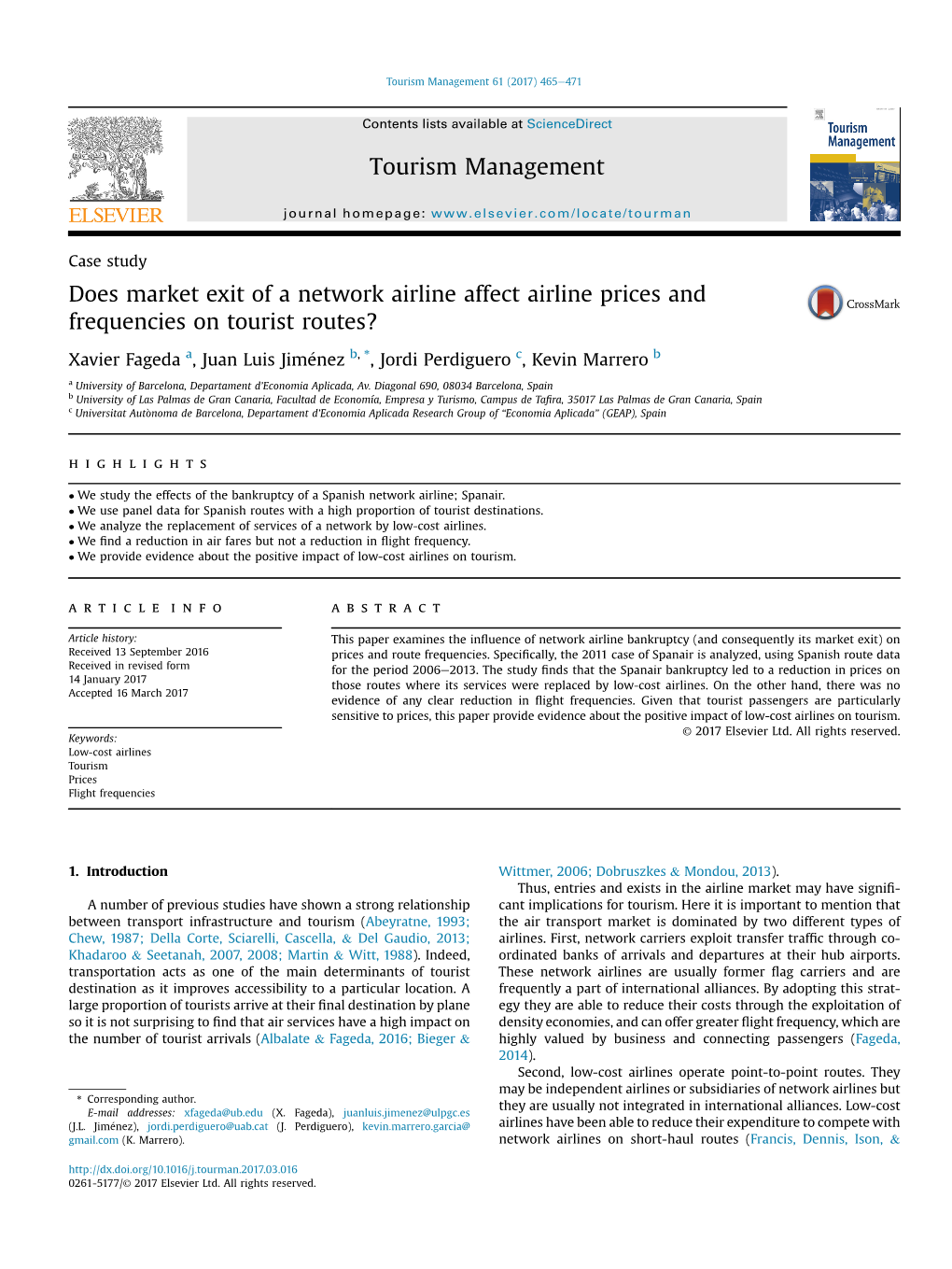 Does Market Exit of a Network Airline Affect Airline Prices and Frequencies on Tourist Routes?