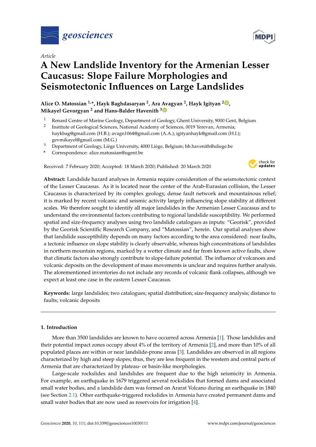 A New Landslide Inventory for the Armenian Lesser Caucasus: Slope Failure Morphologies and Seismotectonic Inﬂuences on Large Landslides