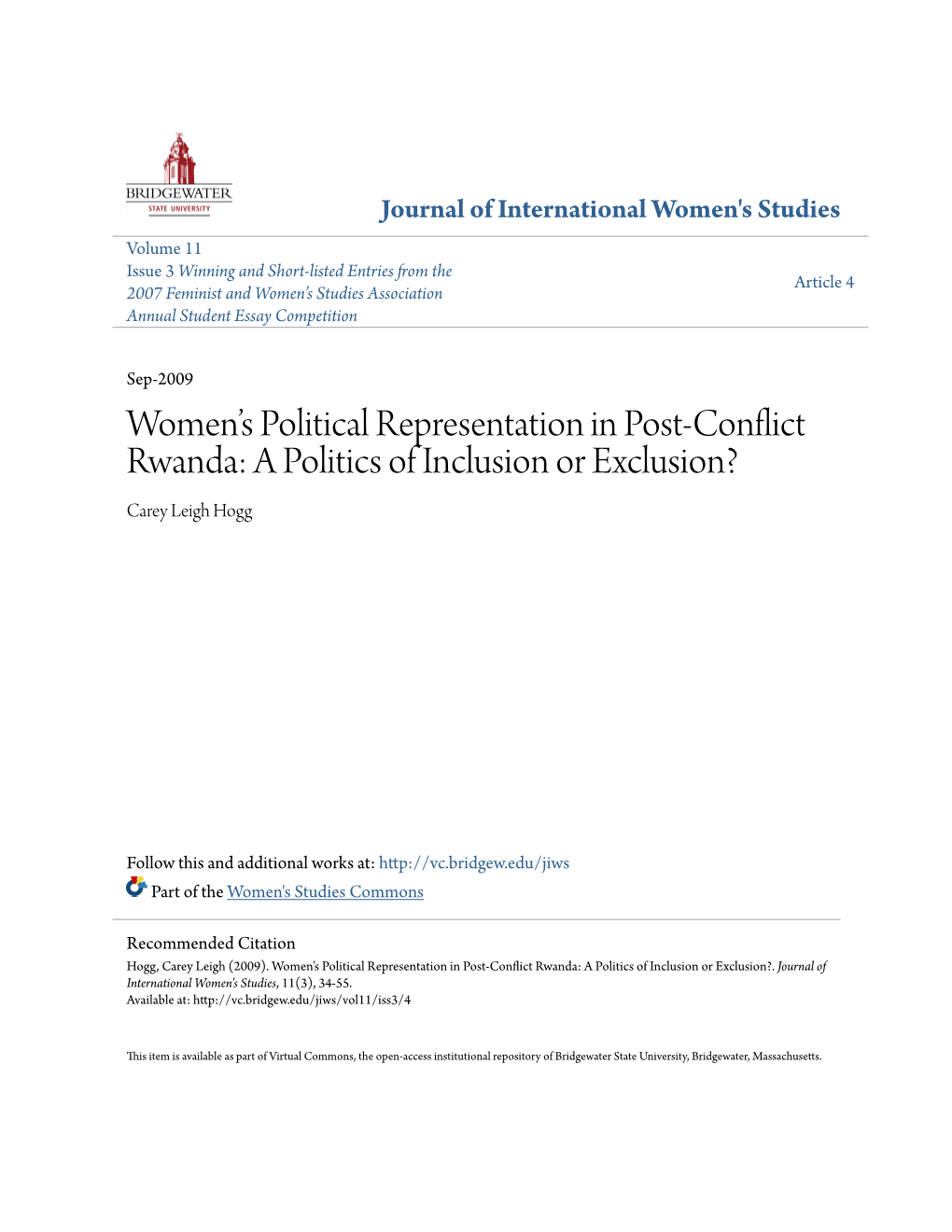 Women's Political Representation in Post-Conflict Rwanda: a Politics Of