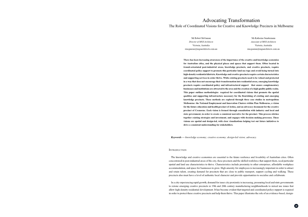 Advocating Transformation the Role of Coordinated Visions for Creative and Knowledge Precincts in Melbourne