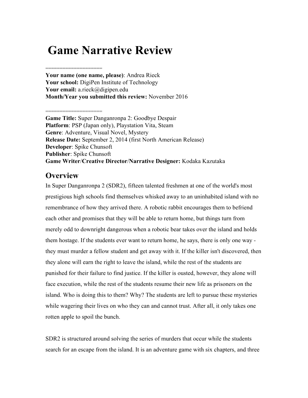 Game Narrative Review