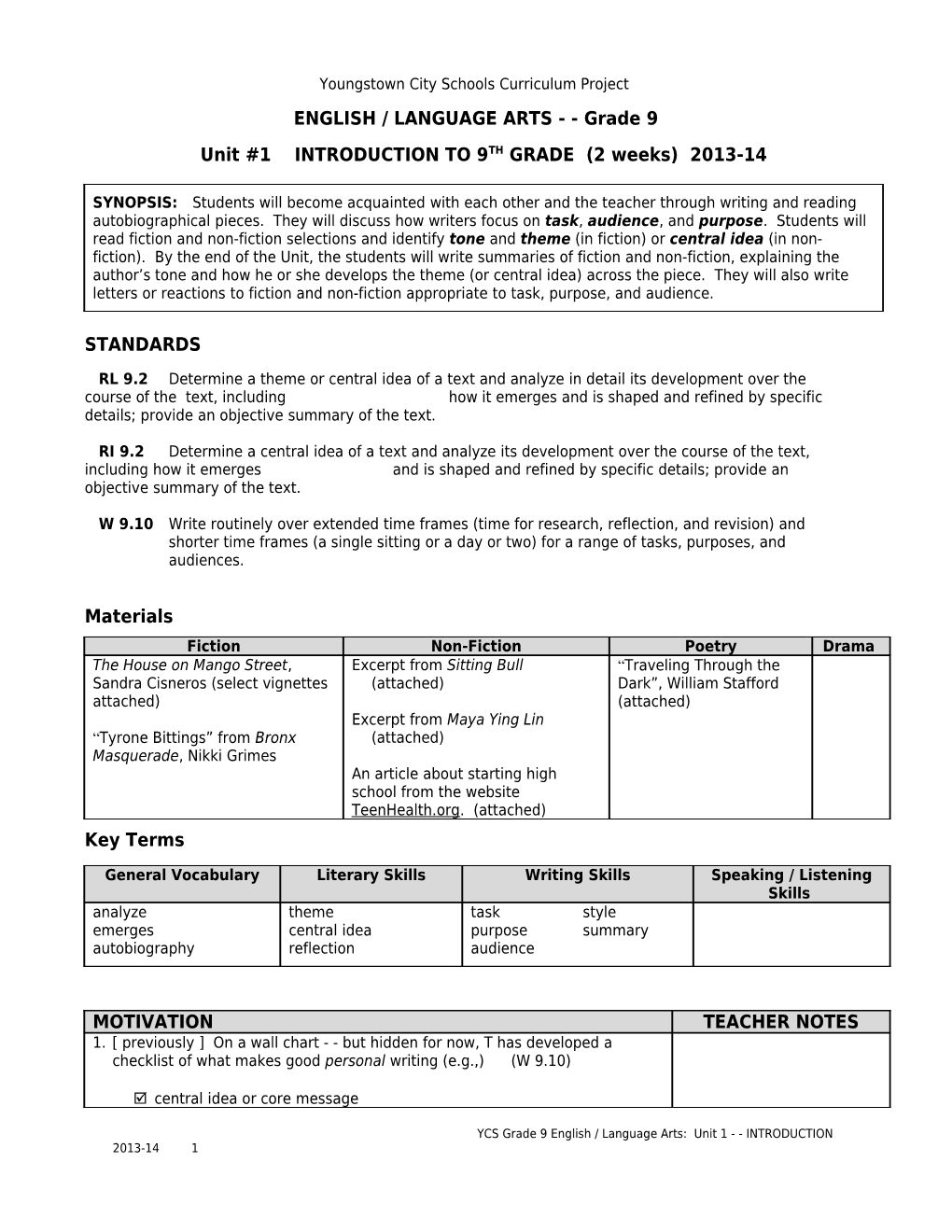 Youngstown City Schools Curriculum Project