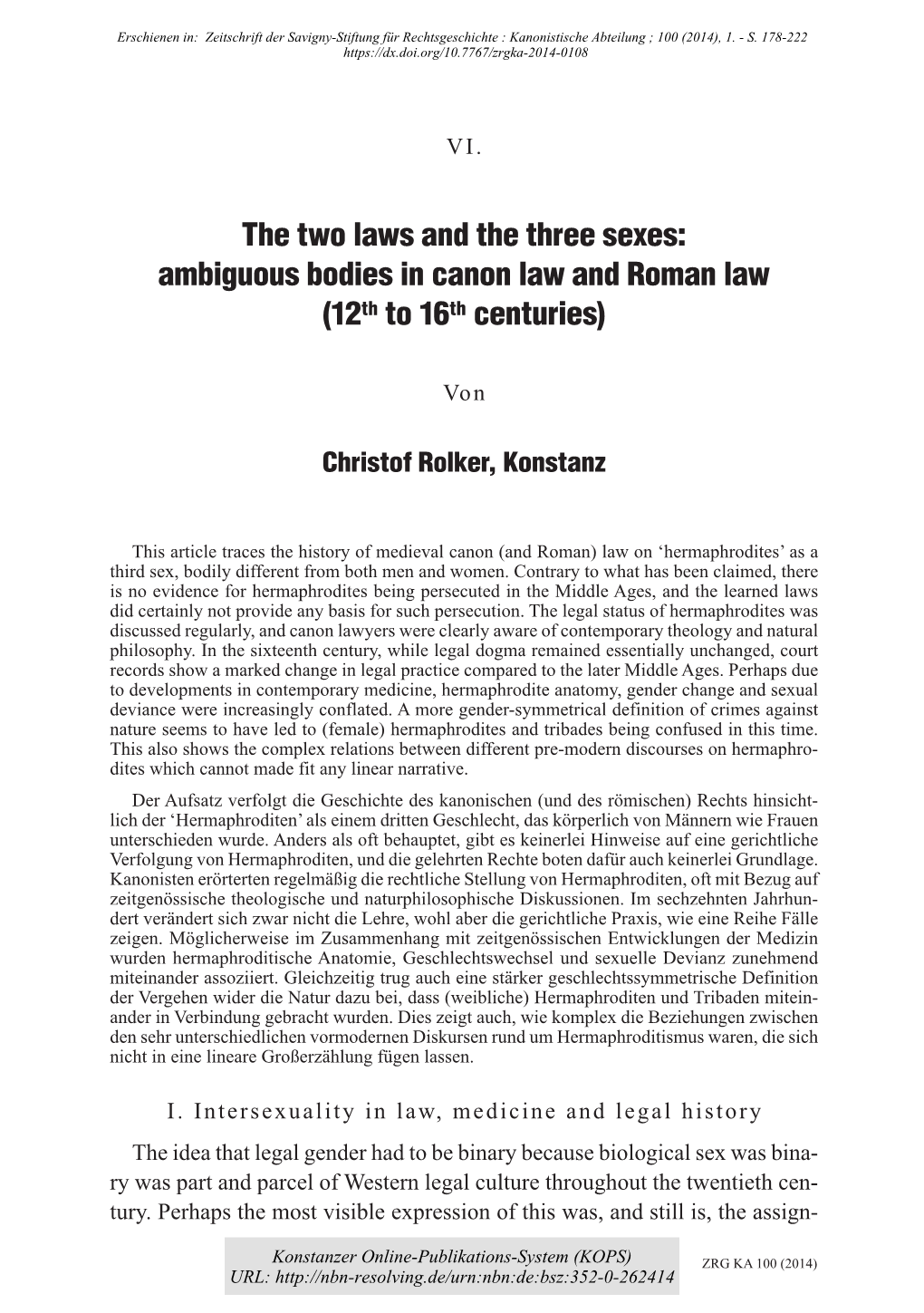 Ambiguous Bodies in Canon Law and Roman Law (12Th to 16Th Centuries)