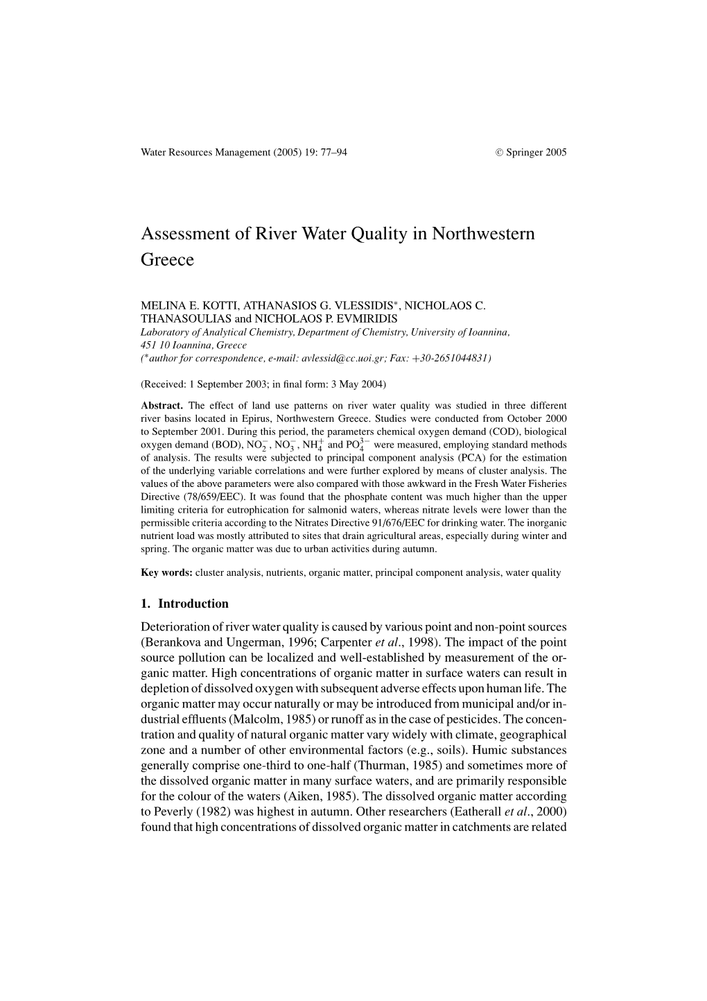 Assessment of River Water Quality in Northwestern Greece