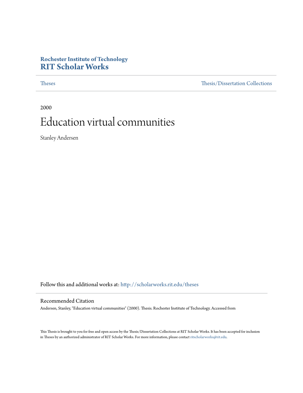 Education Virtual Communities Stanley Andersen