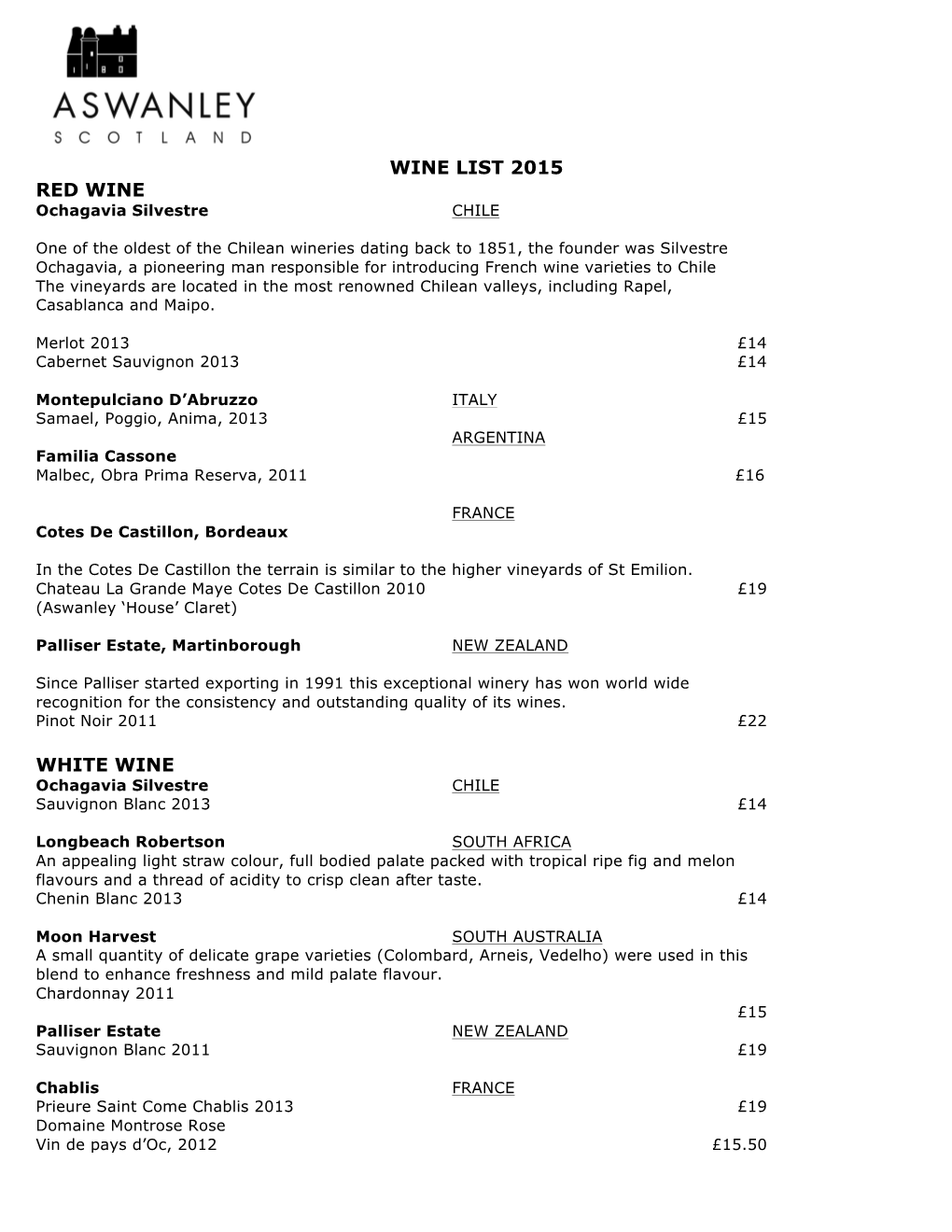 Wine List 2015 Red Wine White Wine
