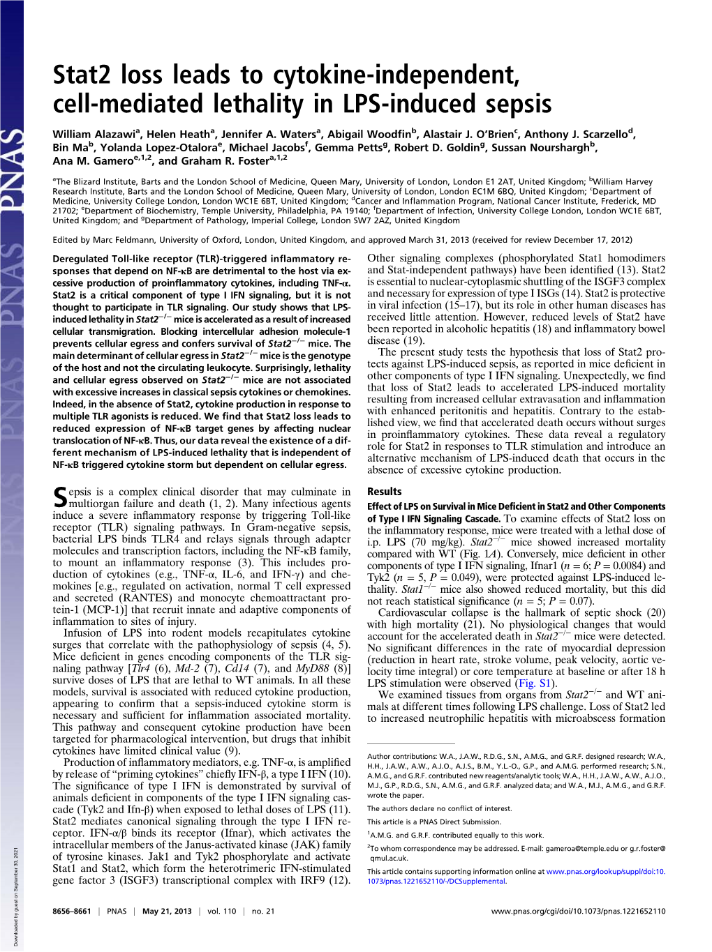 Stat2 Loss Leads to Cytokine-Independent, Cell-Mediated Lethality in LPS-Induced Sepsis