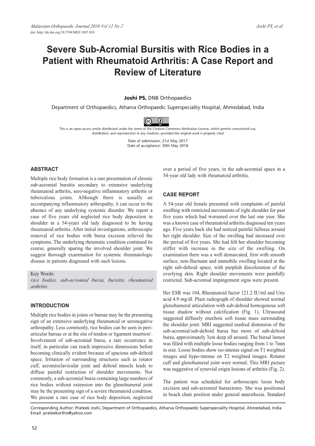 Severe Sub-Acromial Bursitis with Rice Bodies in a Patient with Rheumatoid Arthritis: a Case Report and Review of Literature