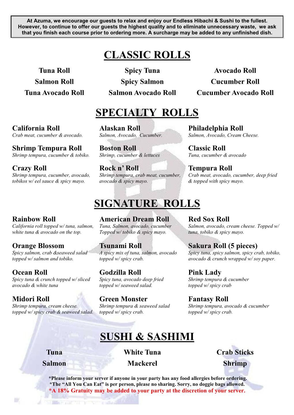 Classic Rolls Specialty Rolls Signature Rolls Sushi