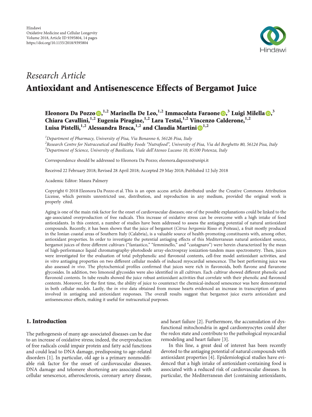Research Article Antioxidant and Antisenescence Effects of Bergamot Juice