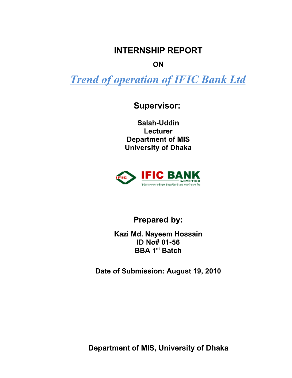 Trend of Operation of IFIC Bank Ltd