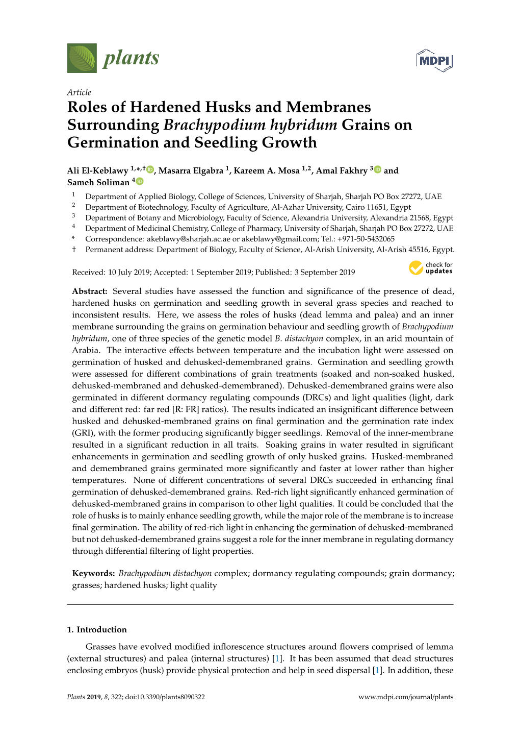 Roles of Hardened Husks and Membranes Surrounding Brachypodium Hybridum Grains on Germination and Seedling Growth