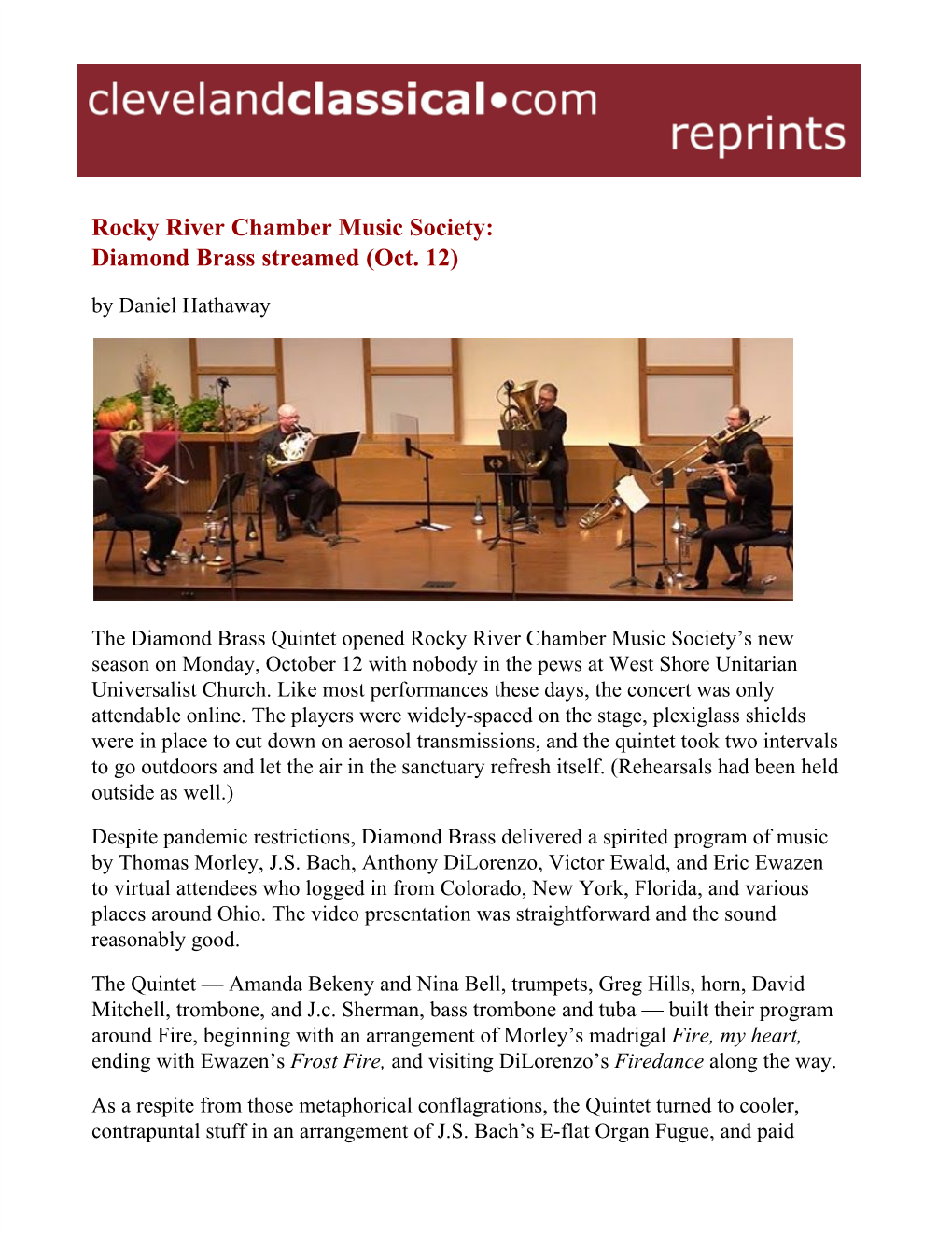 Rocky River Chamber Music Society: Diamond Brass Streamed (Oct. 12) by Daniel Hathaway