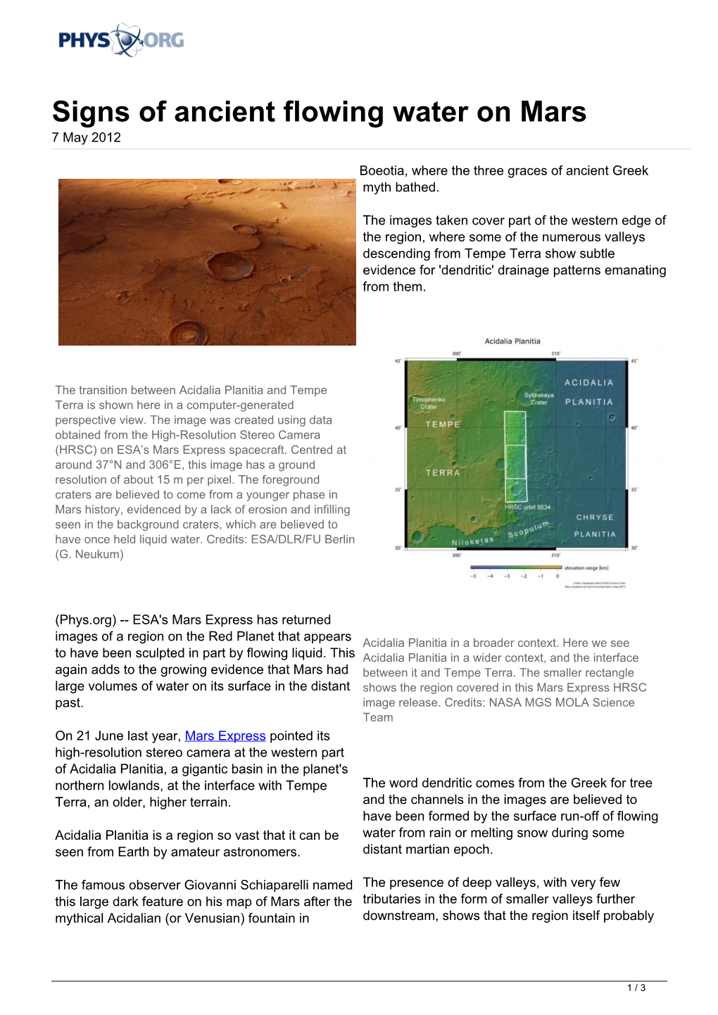Signs of Ancient Flowing Water on Mars 7 May 2012