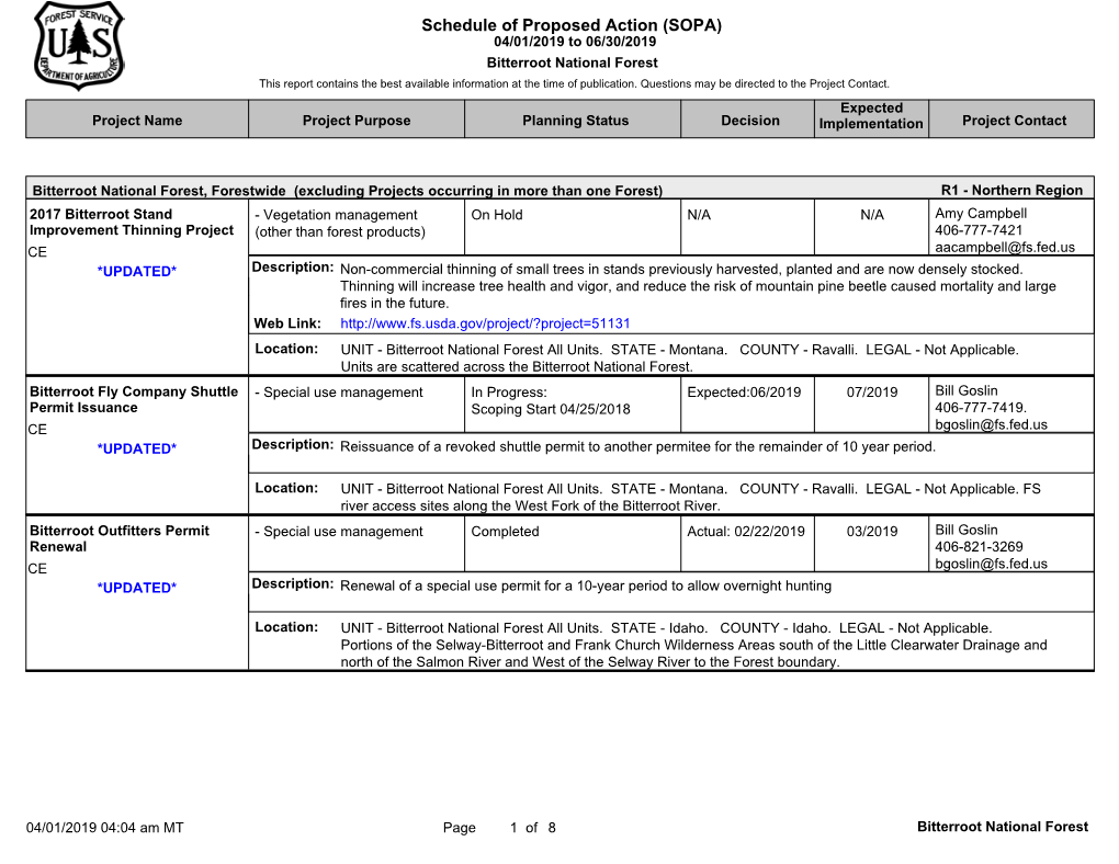 Schedule of Proposed Action (SOPA) 04/01/2019 to 06/30/2019 Bitterroot National Forest This Report Contains the Best Available Information at the Time of Publication