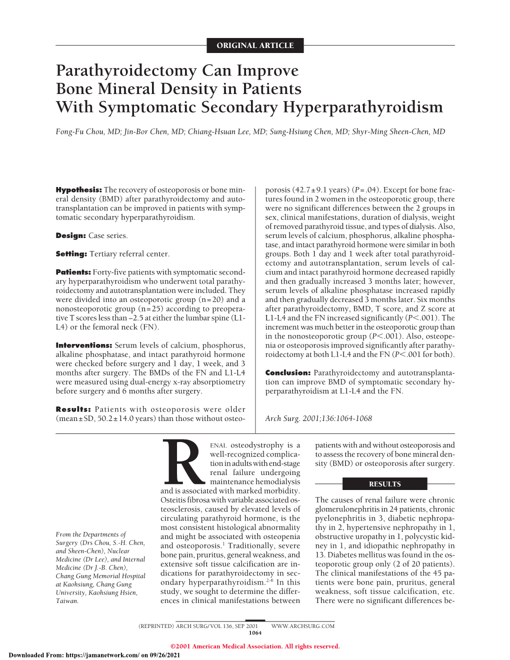 Parathyroidectomy Can Improve Bone Mineral Density in Patients with Symptomatic Secondary Hyperparathyroidism