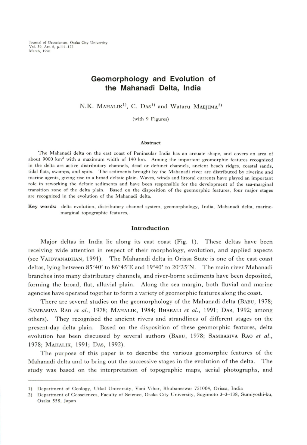 Geomorphology and Evolution of the Mahanadi Delta, India