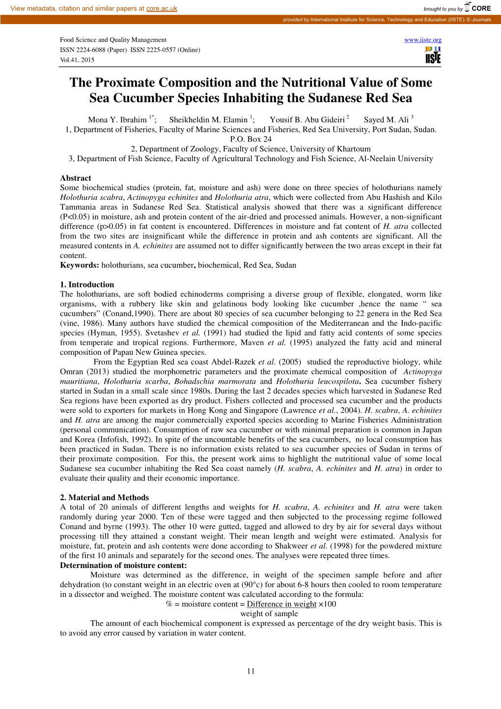 The Proximate Composition and the Nutritional Value of Some Sea Cucumber Species Inhabiting the Sudanese Red Sea