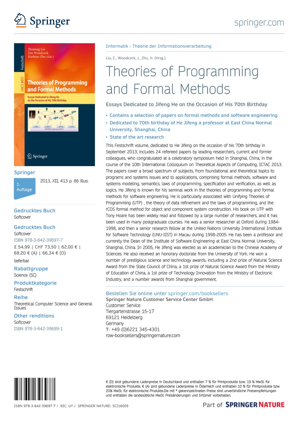 Theories of Programming and Formal Methods Essays Dedicated to Jifeng He on the Occasion of His 70Th Birthday