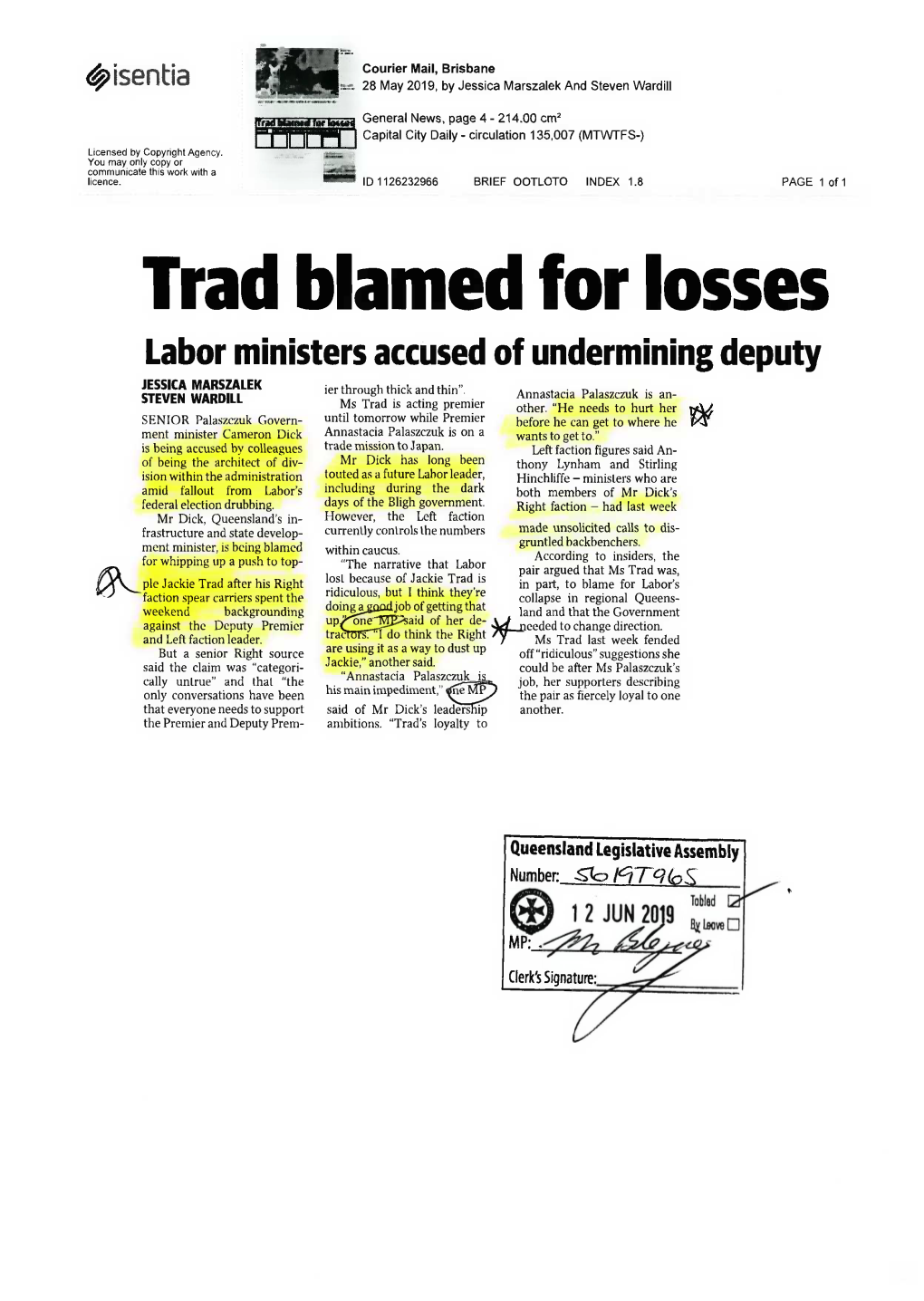 Trad Blamed for Losses Labor Ministers Accused of Undermining Deputy