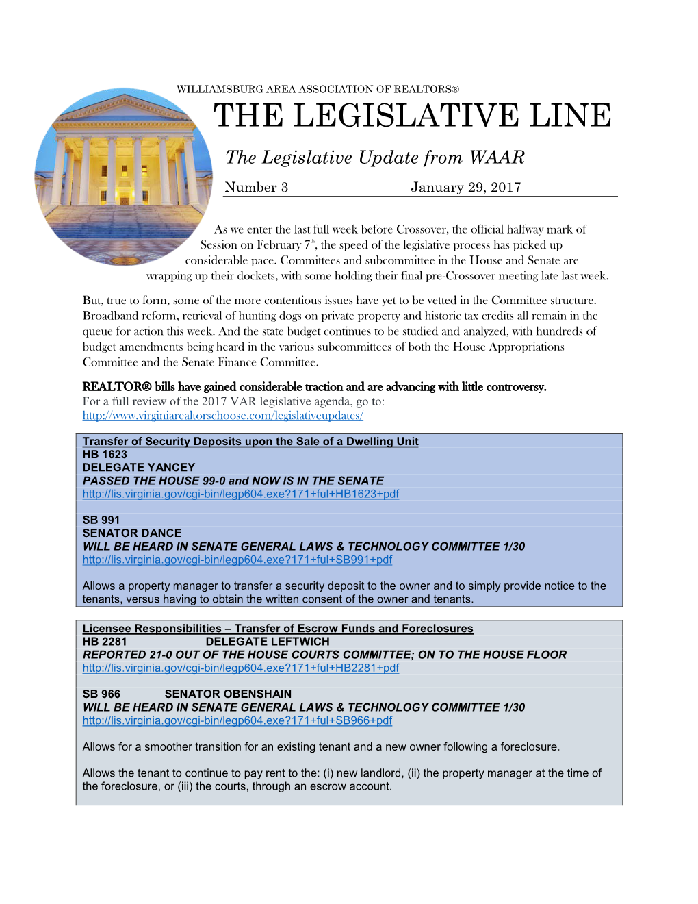 THE LEGISLATIVE LINE the Legislative Update from WAAR Number 3 January 29, 2017