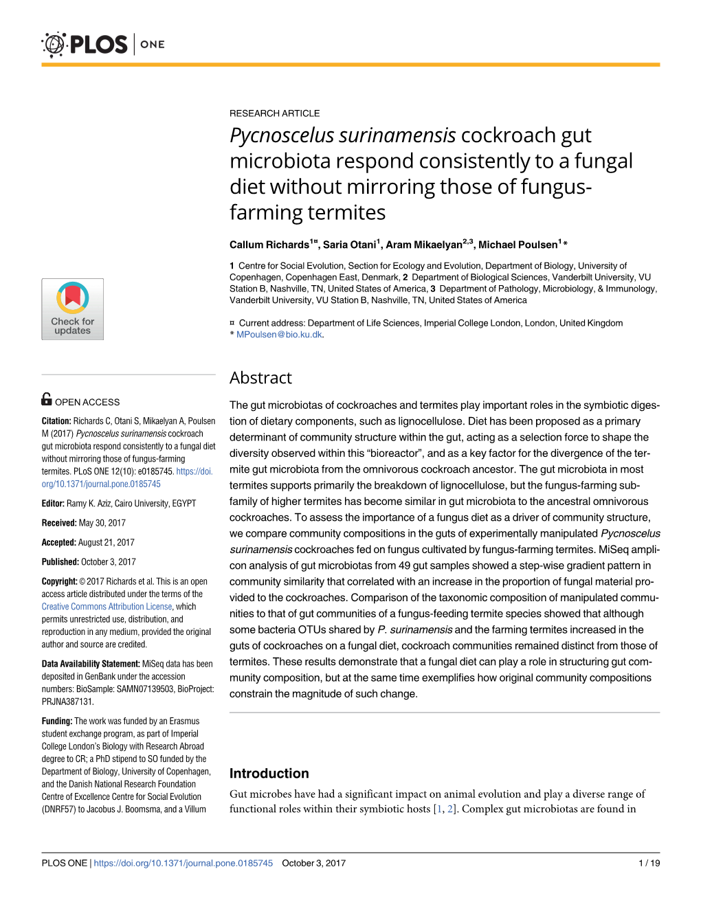 Pycnoscelus Surinamensis Cockroach Gut Microbiota Respond Consistently to a Fungal Diet Without Mirroring Those of Fungus- Farming Termites