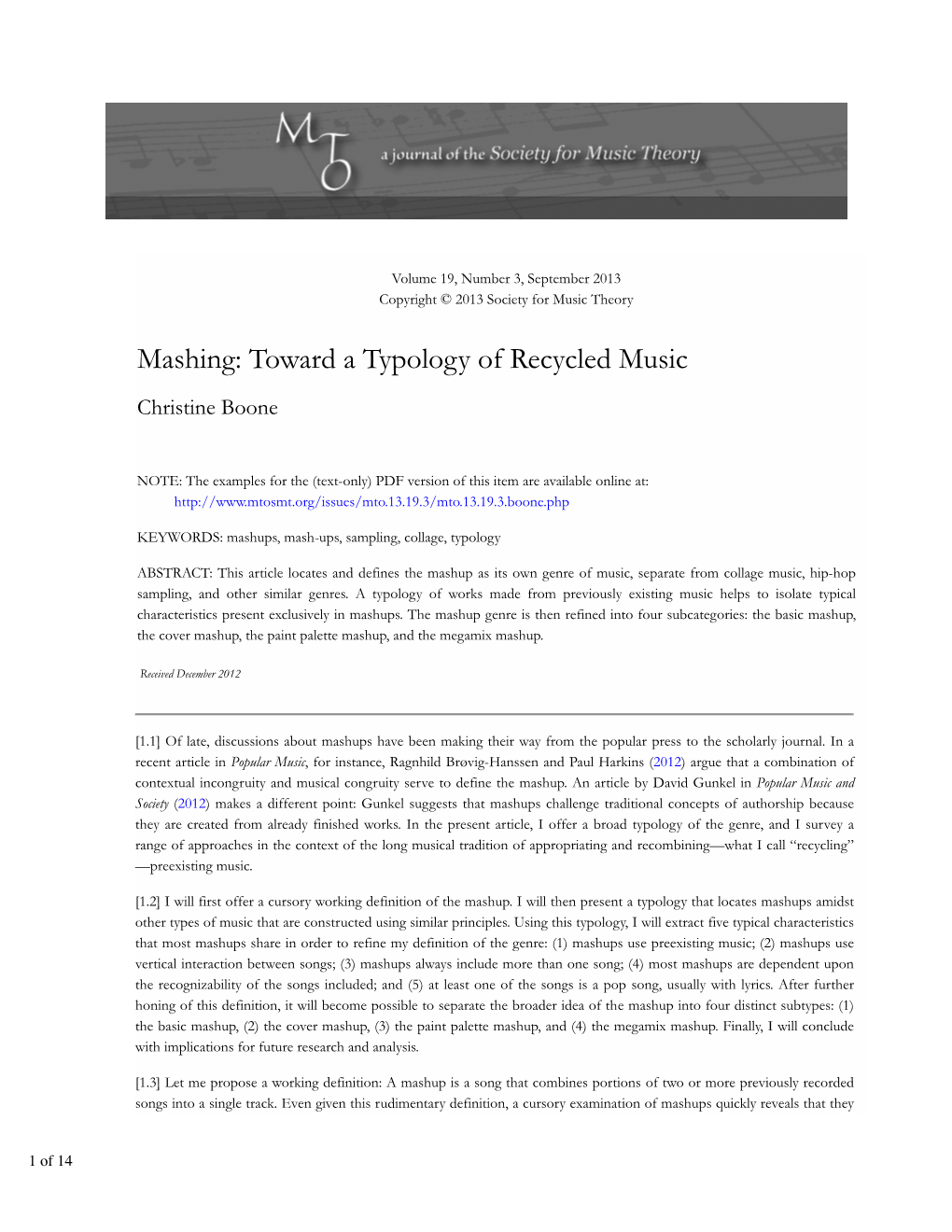 MTO 19.3: Boone, Mashing: Toward a Typology of Recycled Music