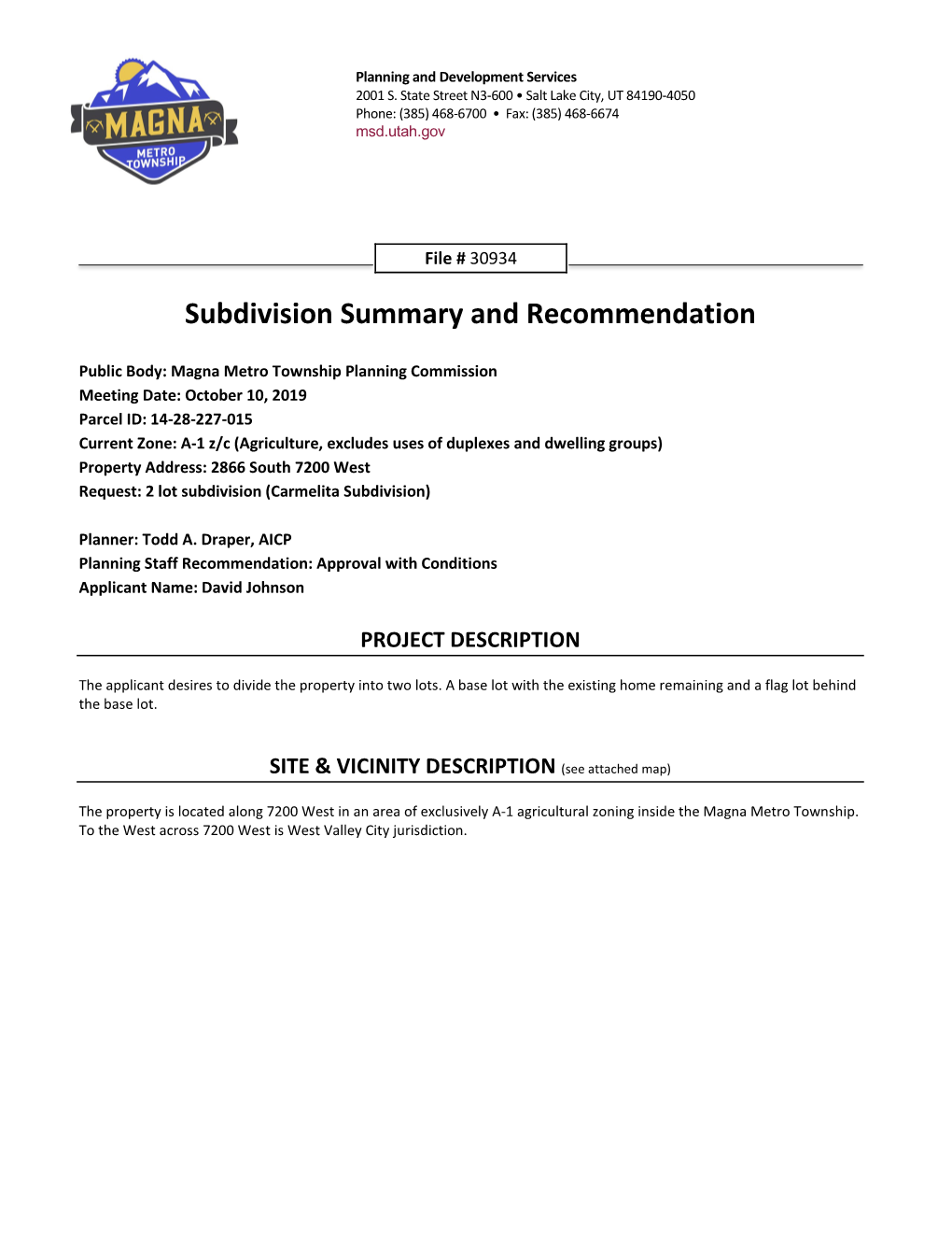 Subdivision Summary and Recommendation