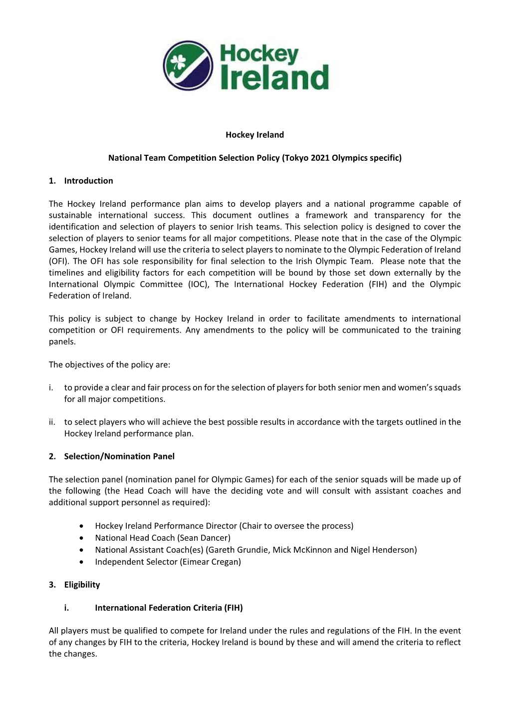 Hockey Ireland National Team Competition Selection Policy