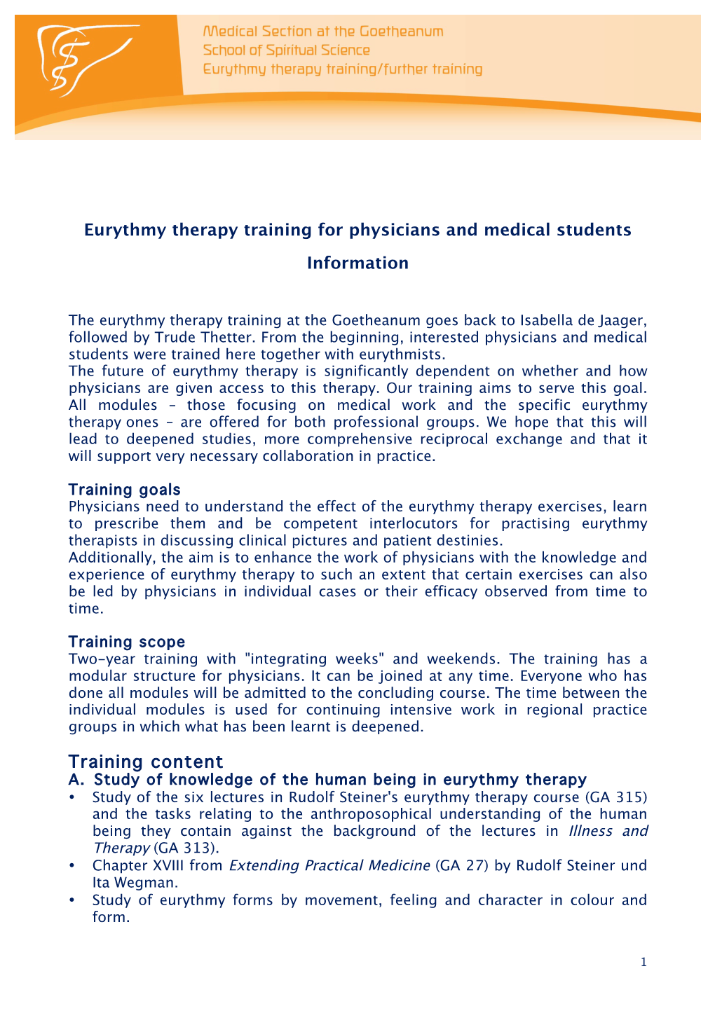 Eurythmy Therapy Training for Physicians and Medical Students Information Training Content
