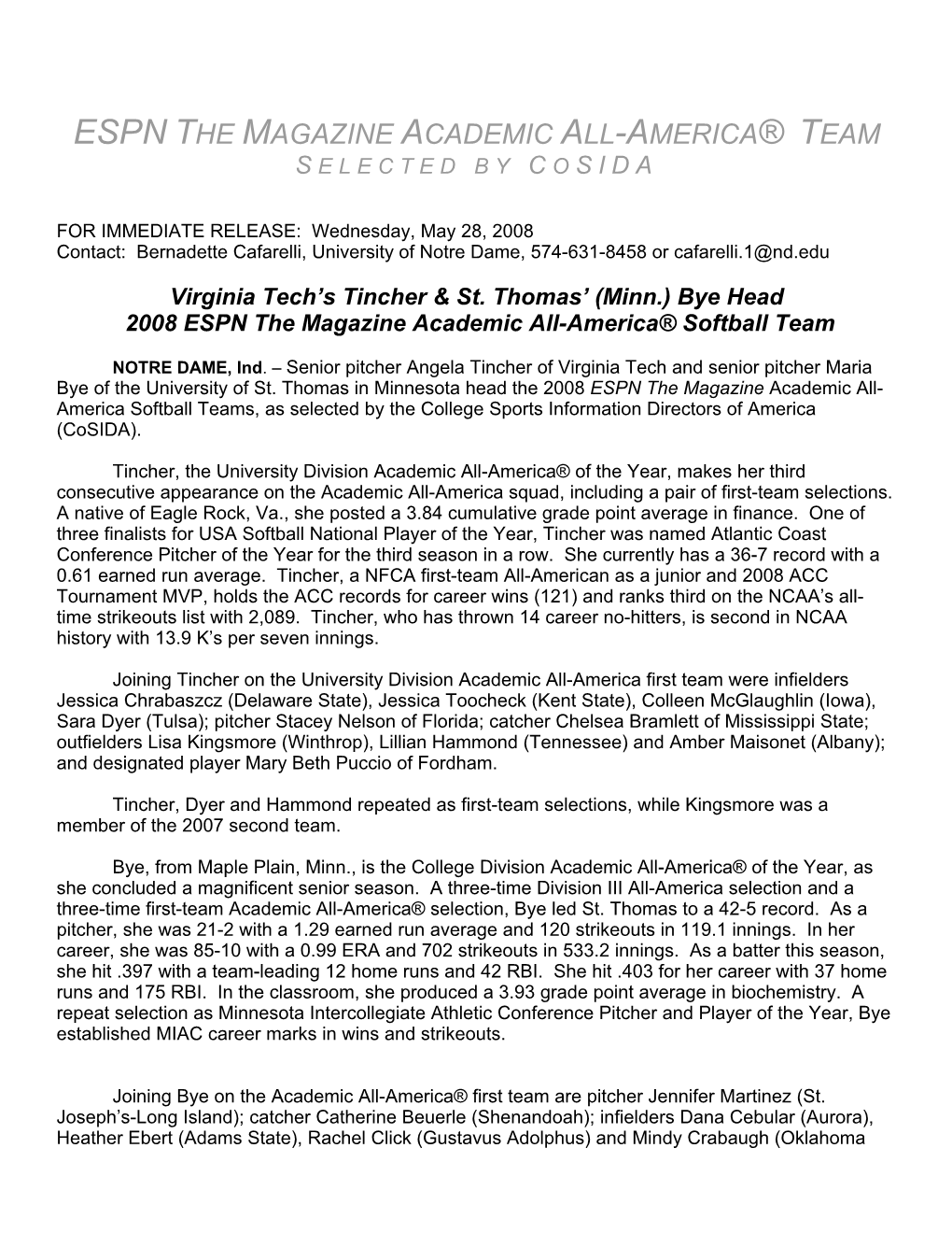 2008 ESPN the Magazine Softball Academic All-America