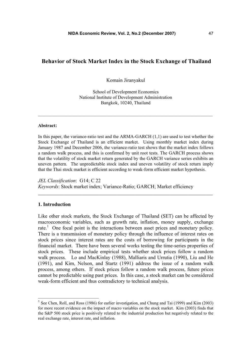 Behavior of Stock Market Index in the Stock Exchange of Thailand