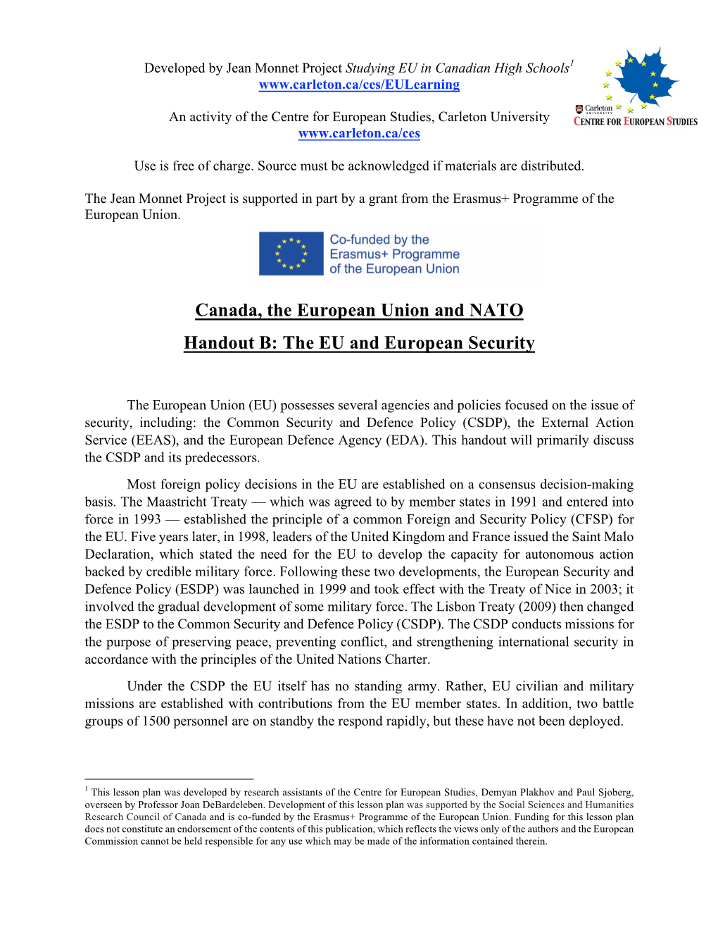 Canada, the European Union and NATO Handout B: the EU and European Security