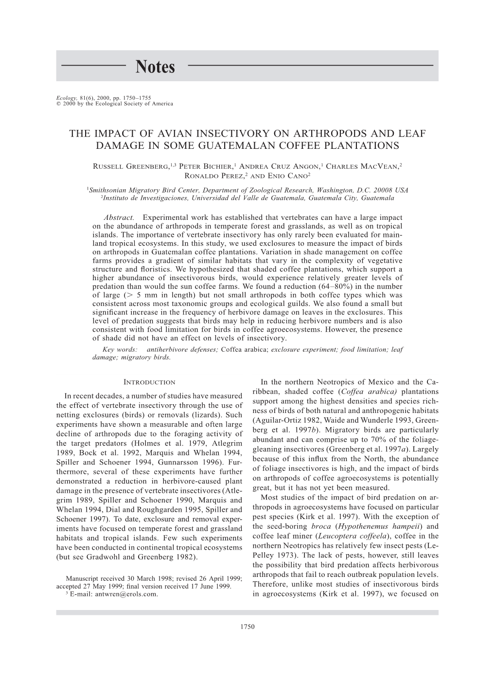 The Impact of Avian Insectivory on Arthropods and Leaf Damage in Some Guatemalan Coffee Plantations