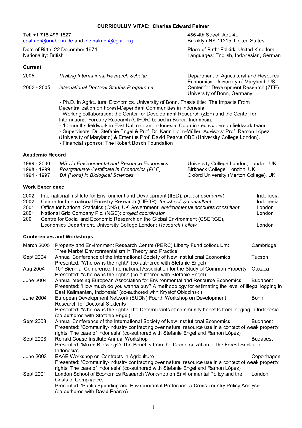 CURRICULUM VITAE: Charles Edward Palmer