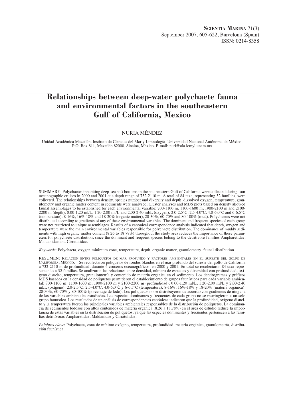 Relationships Between Deep-Water Polychaete Fauna and Environmental Factors in the Southeastern Gulf of California, Mexico