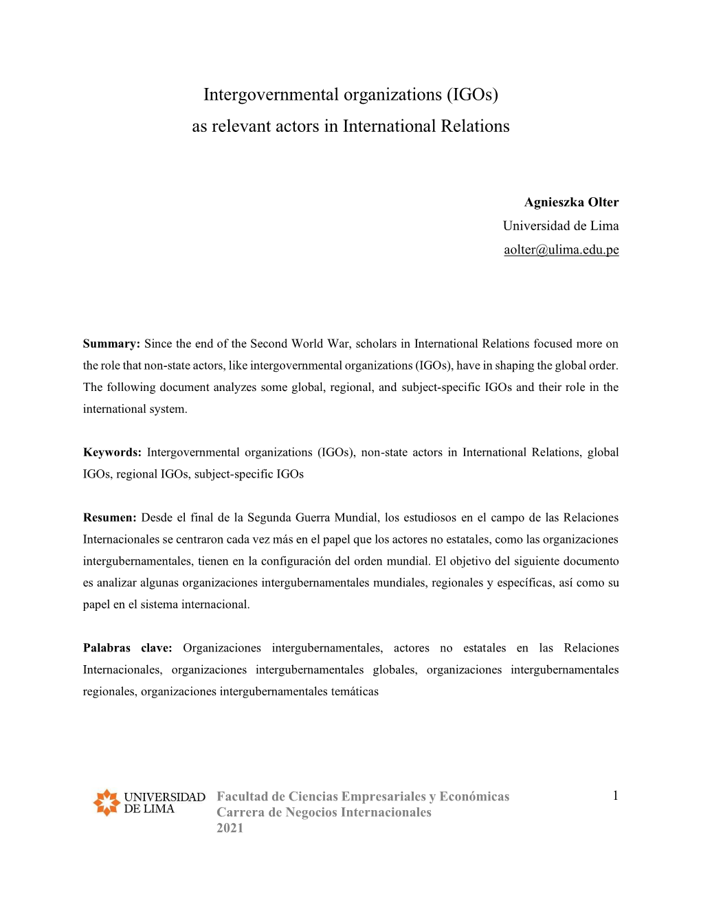 (Igos) As Relevant Actors in International Relations